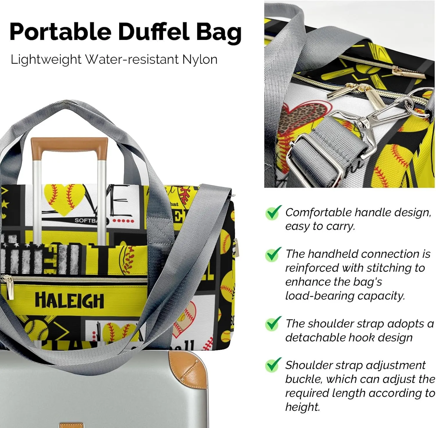 Personalized Name Softball Gym Bag for Women, Travel Duffle Bag Carry On Weekender Bag with Shoe Compartment Custom Gift