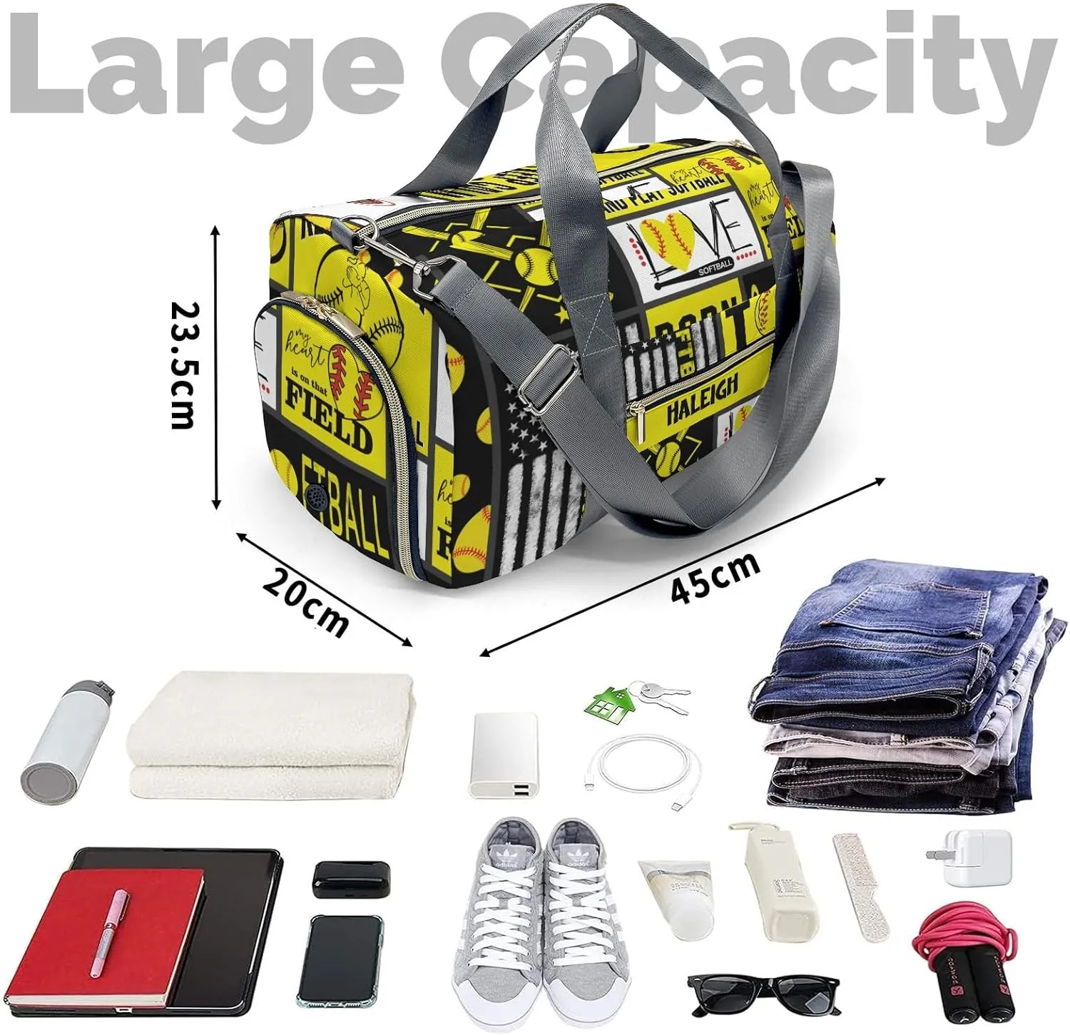 Personalized Name Softball Gym Bag for Women, Travel Duffle Bag Carry On Weekender Bag with Shoe Compartment Custom Gift