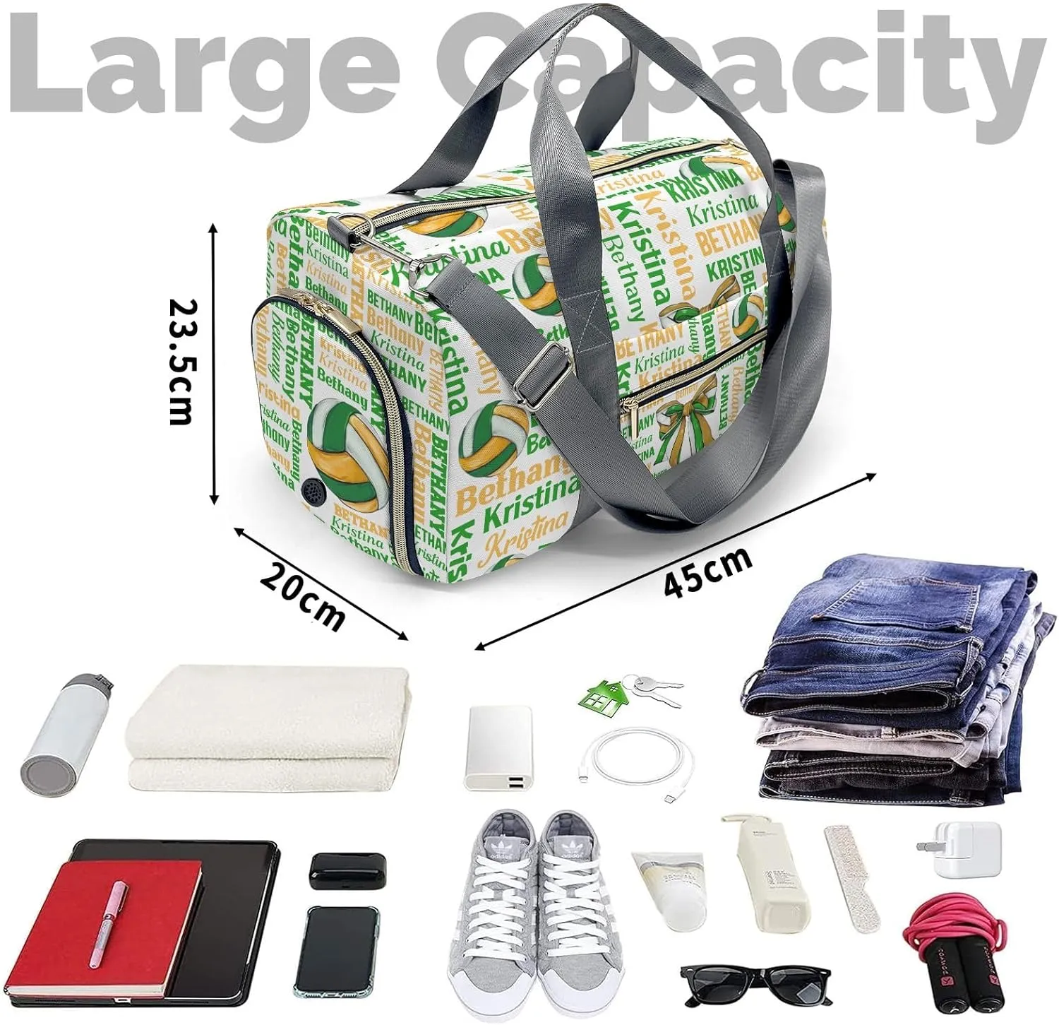 Personalized Name Sport Player Volleyball Word Cloud Gym Bag for Women, Travel Duffle Bag Carry On Weekender Bag with Shoe Compartment Custom Gift