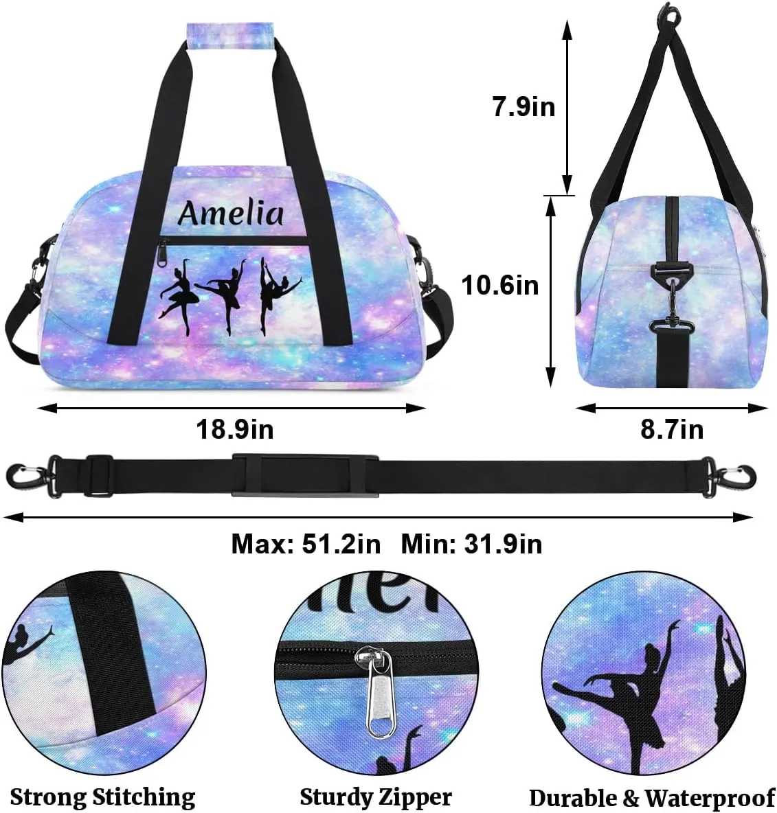 Personalized Sport Duffle Bag Dance Bag for Girls, Custom Kids Gym Bag with Name, Fit School Practice, or Overnight Weekender Travel Galaxy Nebula