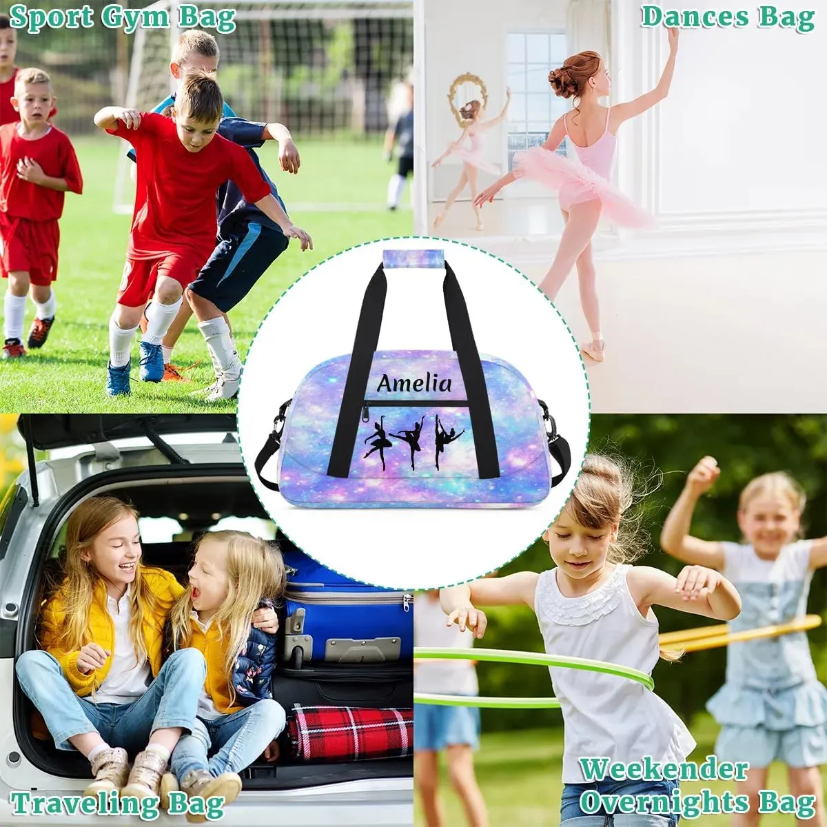Personalized Sport Duffle Bag Dance Bag for Girls, Custom Kids Gym Bag with Name, Fit School Practice, or Overnight Weekender Travel Galaxy Nebula