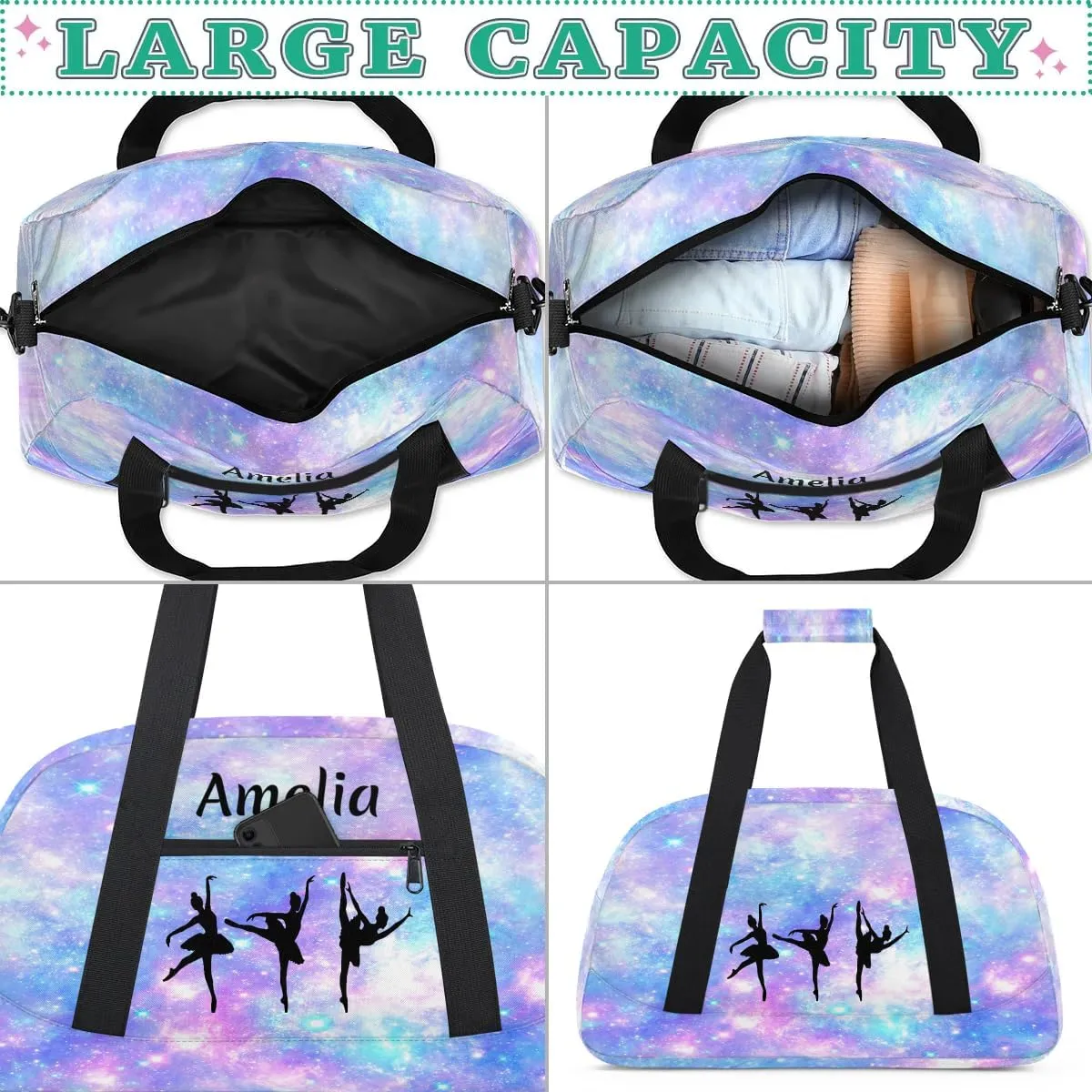 Personalized Sport Duffle Bag Dance Bag for Girls, Custom Kids Gym Bag with Name, Fit School Practice, or Overnight Weekender Travel Galaxy Nebula