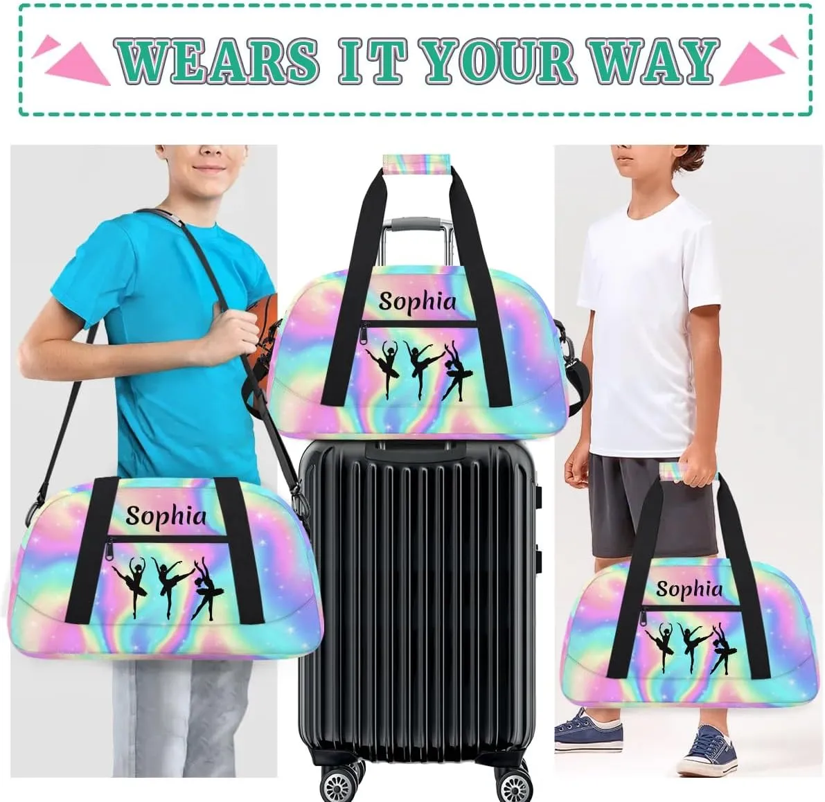Personalized Sport Duffle Bag Dance Bag for Girls, Custom Kids Gym Bag with Name, Fit School Practice, or Overnight Weekender Travel Rainbow Pink Starry