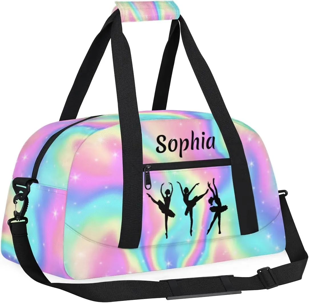 Personalized Sport Duffle Bag Dance Bag for Girls, Custom Kids Gym Bag with Name, Fit School Practice, or Overnight Weekender Travel Rainbow Pink Starry