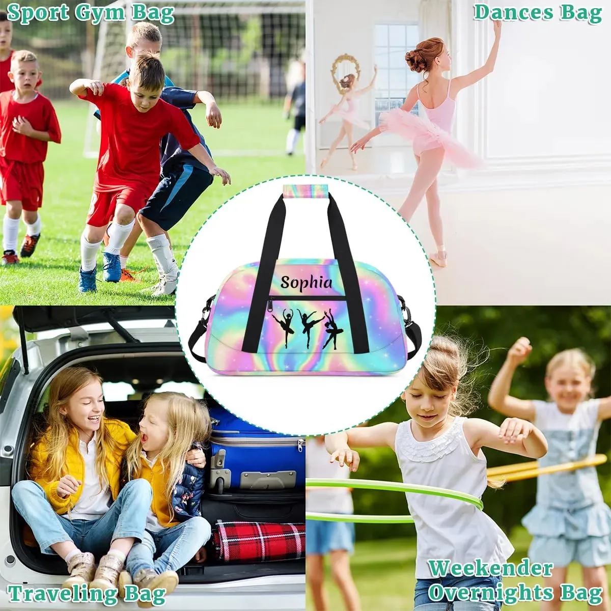 Personalized Sport Duffle Bag Dance Bag for Girls, Custom Kids Gym Bag with Name, Fit School Practice, or Overnight Weekender Travel Rainbow Pink Starry
