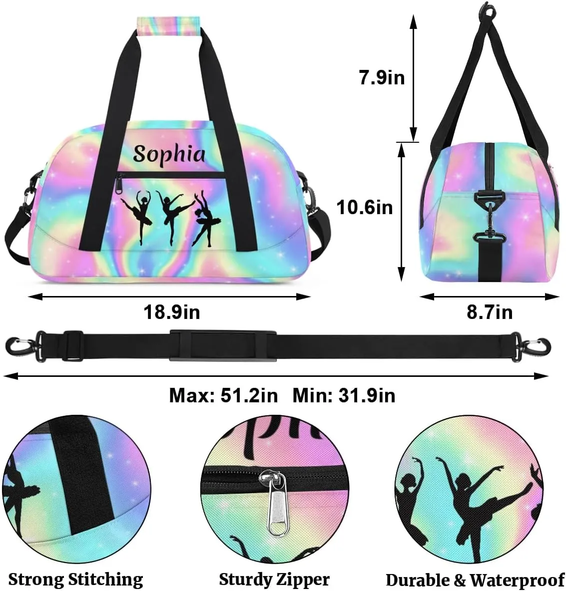 Personalized Sport Duffle Bag Dance Bag for Girls, Custom Kids Gym Bag with Name, Fit School Practice, or Overnight Weekender Travel Rainbow Pink Starry