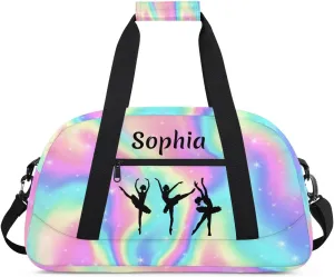 Personalized Sport Duffle Bag Dance Bag for Girls, Custom Kids Gym Bag with Name, Fit School Practice, or Overnight Weekender Travel Rainbow Pink Starry