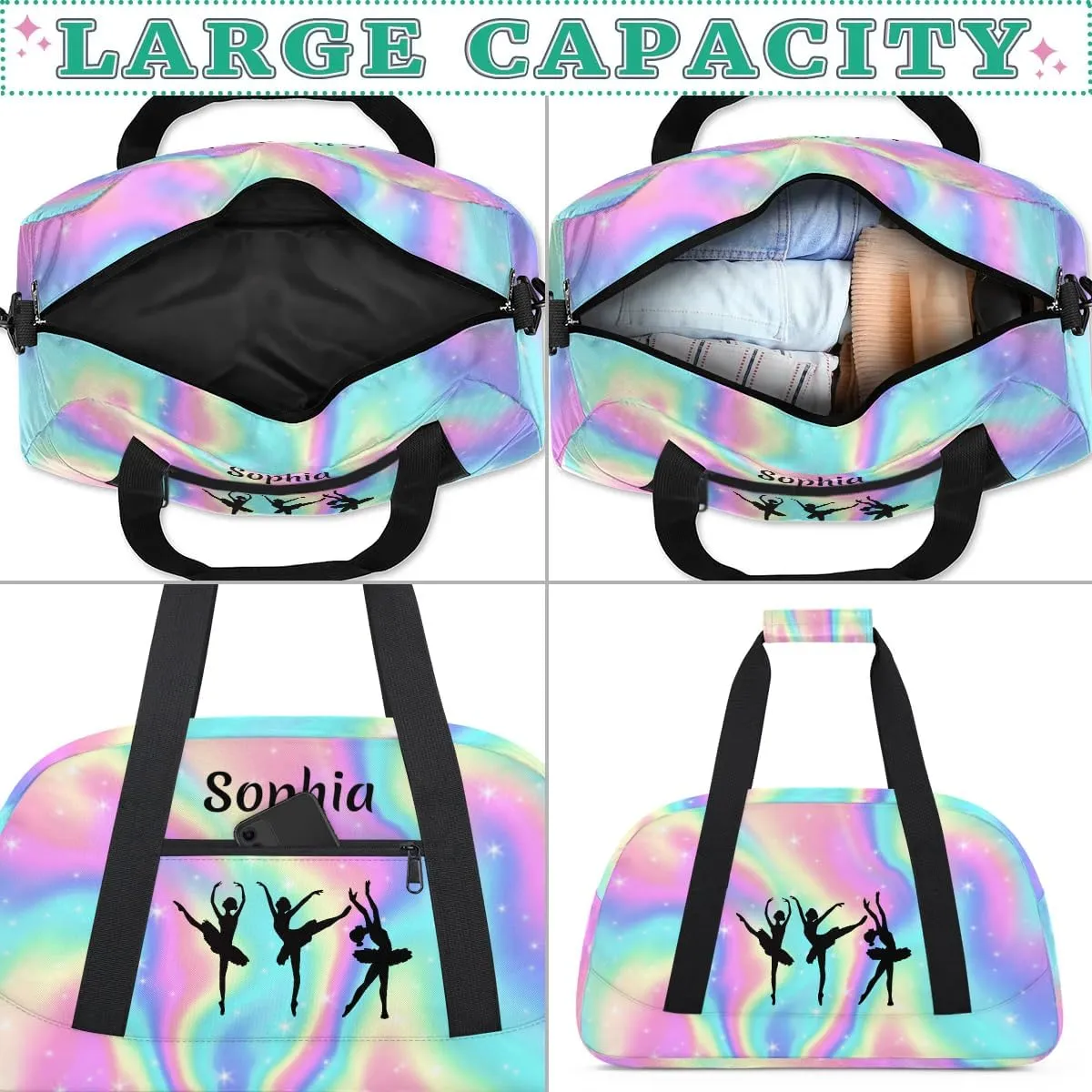 Personalized Sport Duffle Bag Dance Bag for Girls, Custom Kids Gym Bag with Name, Fit School Practice, or Overnight Weekender Travel Rainbow Pink Starry
