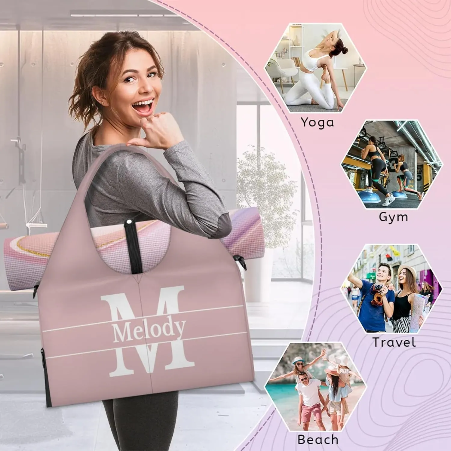 Personalized Yoga Mat Bag with Name Shoe Compartment, Solid Color Initial Letter Travel Tote Sport Gym Duffel Bag