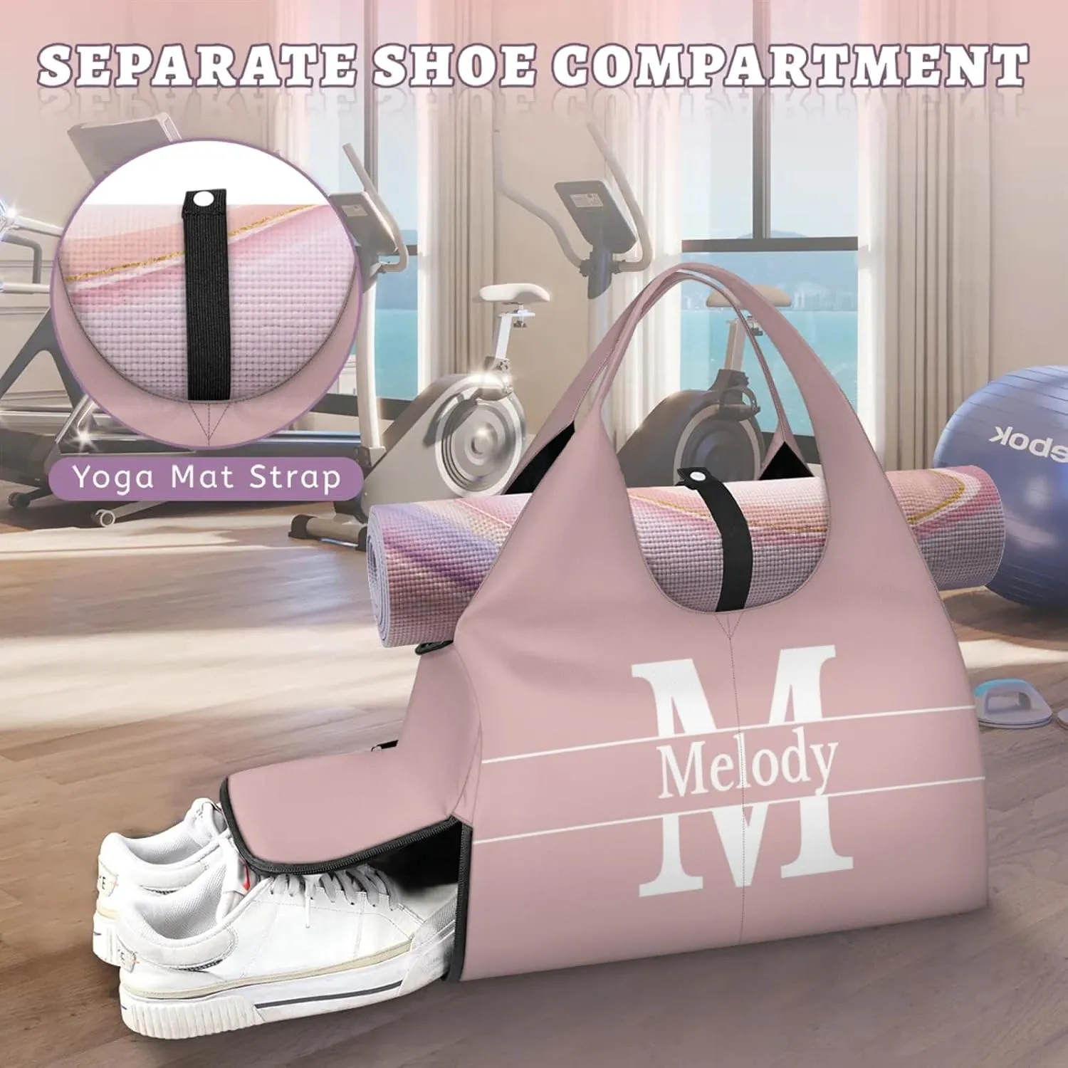 Personalized Yoga Mat Bag with Name Shoe Compartment, Solid Color Initial Letter Travel Tote Sport Gym Duffel Bag