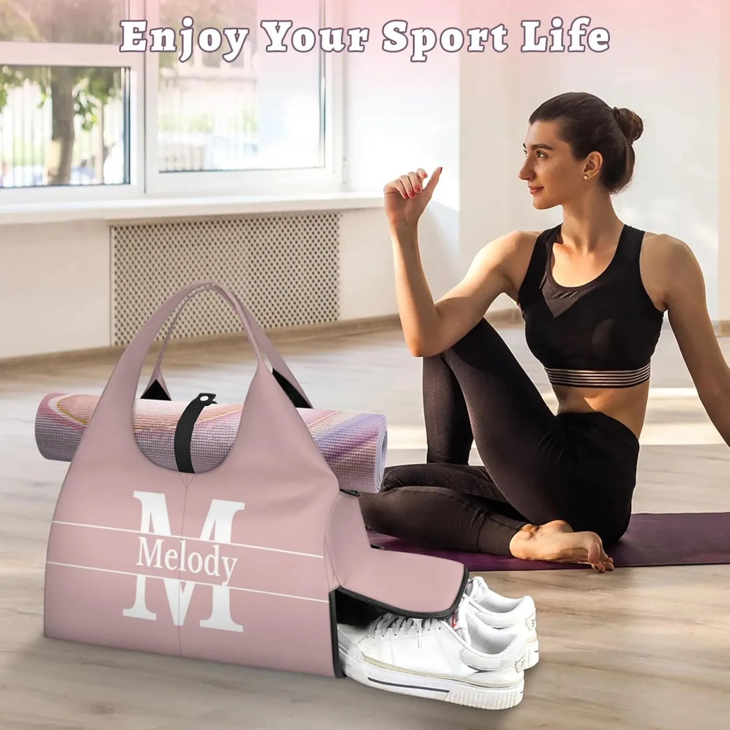 Personalized Yoga Mat Bag with Name Shoe Compartment, Solid Color Initial Letter Travel Tote Sport Gym Duffel Bag