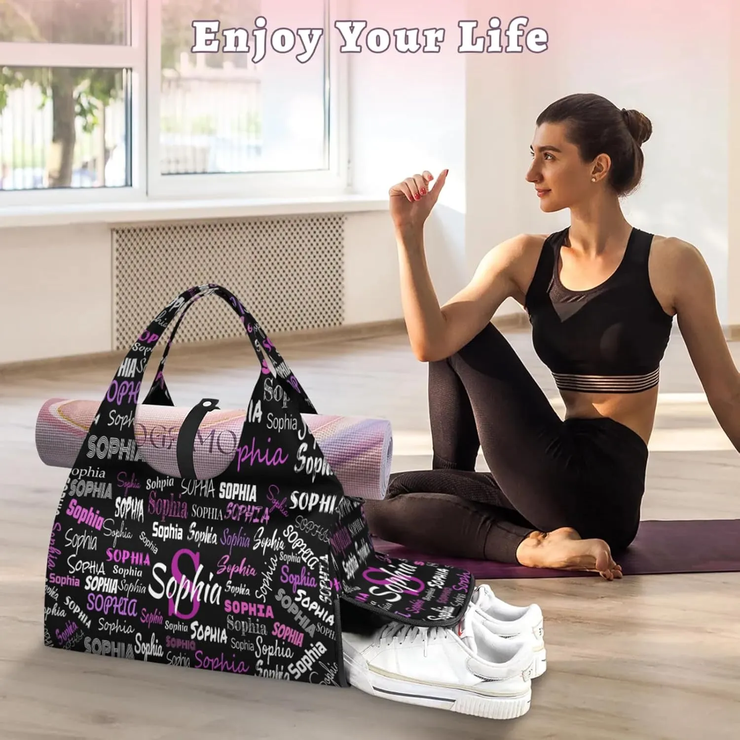 Personalized Yoga Mat Bag with Shoe Compartment, Initial Letter Name Travel Weekender Tote Sport Gym Duffel Bag