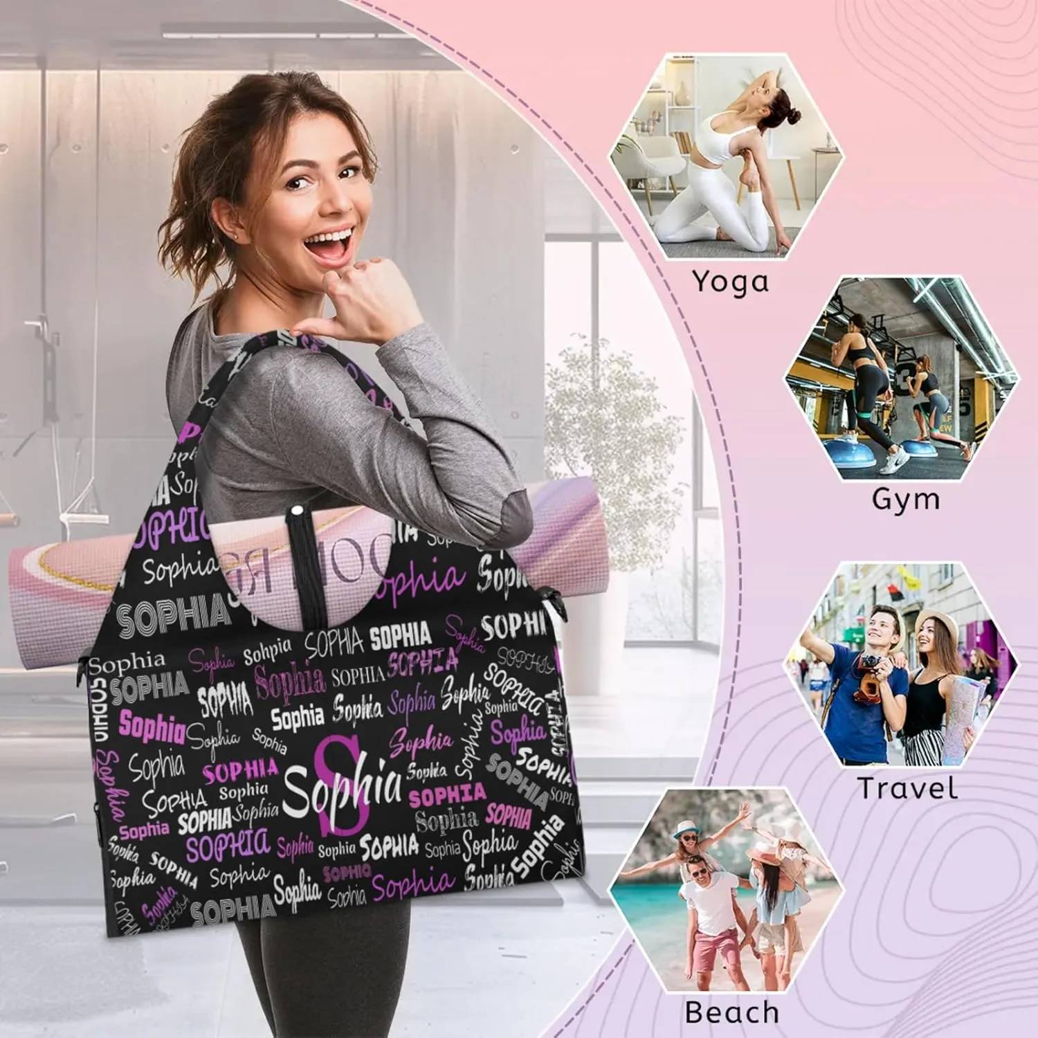 Personalized Yoga Mat Bag with Shoe Compartment, Initial Letter Name Travel Weekender Tote Sport Gym Duffel Bag
