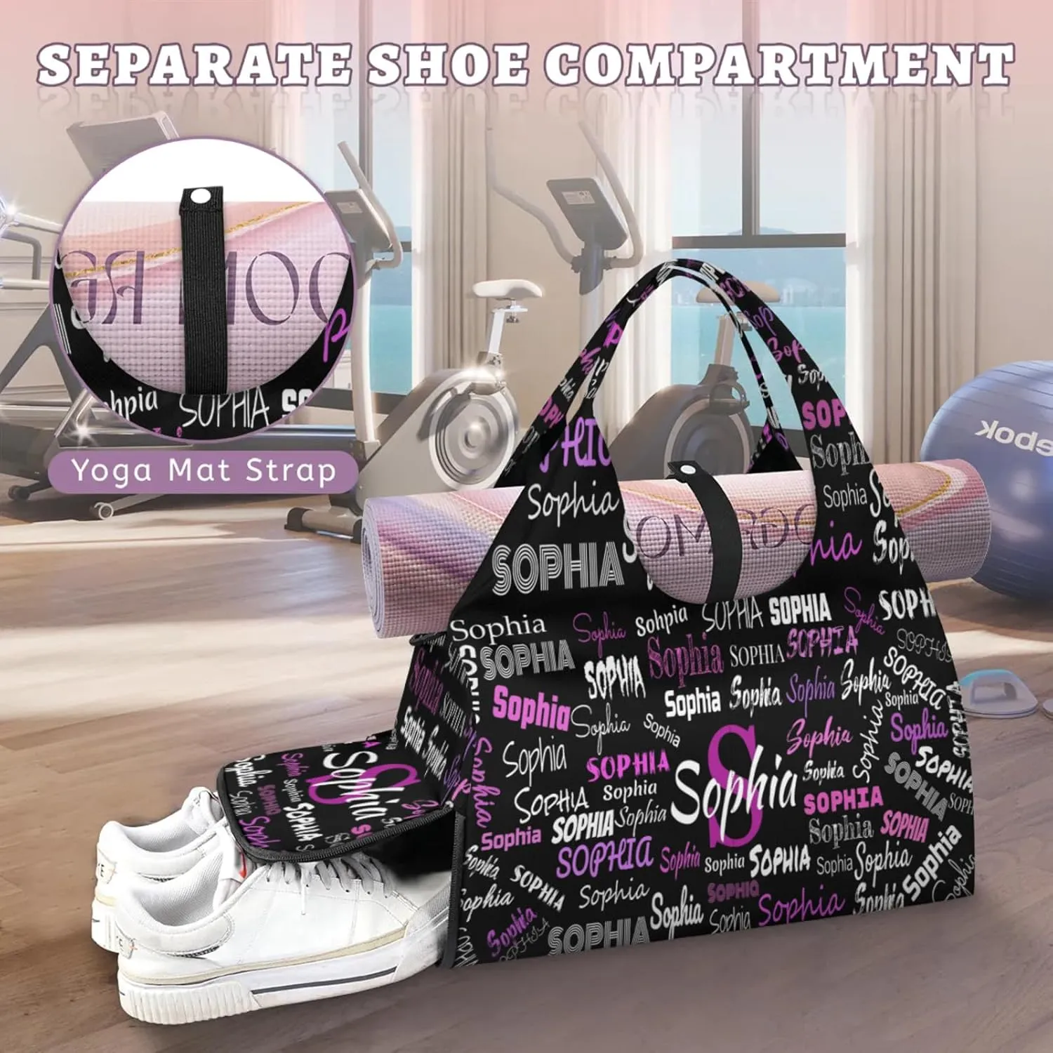 Personalized Yoga Mat Bag with Shoe Compartment, Initial Letter Name Travel Weekender Tote Sport Gym Duffel Bag