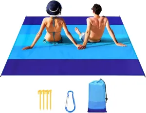 Picnic Blanket - Beach Blanket Mat | Waterproof Sand Proof Machine Washable Lightweight Quick Drying Sheet with 4 Stakes and 1 Corner Portable for Outdoor Travel Camping Oversized Mat