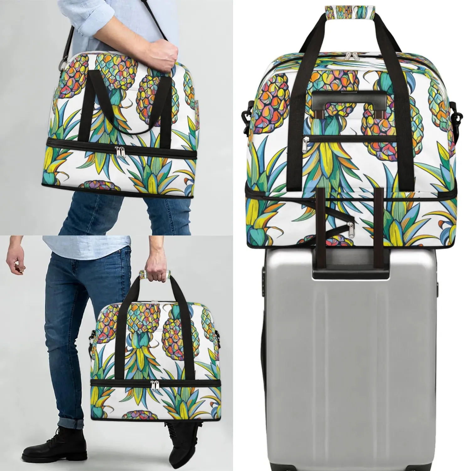 Pineapples Pattern Sports Gym Bag with Shoes Compartment Foldable Travel Duffel Bag Dry Wet Separated Sports Tote Workout Weekender Overnight Bag for Women Yoga Dance Work Training Handbag