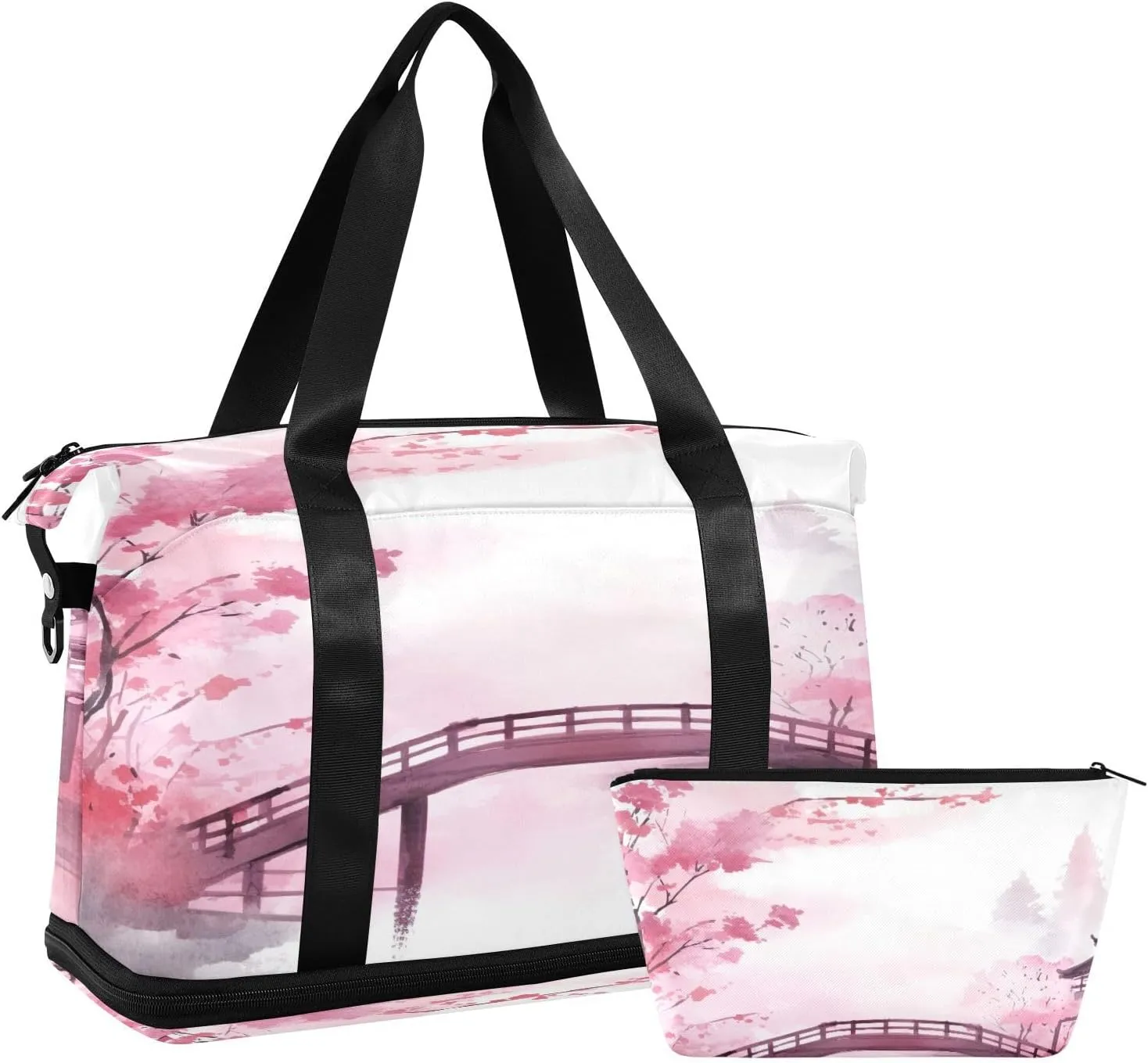 Pink Asian Bridge Gym Bag - Weekender Overnight Bags for Women Men, Sport Travel Duffel Bag with Wet Pocket & Shoe Compartment