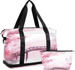 Pink Asian Bridge Gym Bag - Weekender Overnight Bags for Women Men, Sport Travel Duffel Bag with Wet Pocket & Shoe Compartment