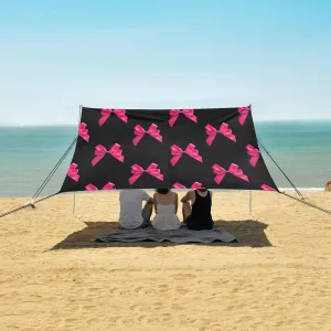 Pink Bows Pattern Beach Canopy Tent Anti-UV & Wind Resistant, Camping Sun Shelter Easy Setup Portable,Outdoor Shade Tents with Sandbags,Sand Shovels,Ground Pegs & Stability Poles