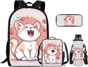 Pink Cat Elementary School Backpack for Girls Kids Bookbag with Lunch Box 17 Inch School Bags for Girls 7-10 Bookbag Large Capacity,Cute School Backpack for Kids