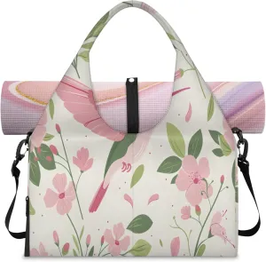Pink green hummingbird Women's Yoga Gym Bag - Adjustable shoulder strap with shoe compartment, large gym bag with multiple pockets for yoga mat, gym equipment and travel accessories