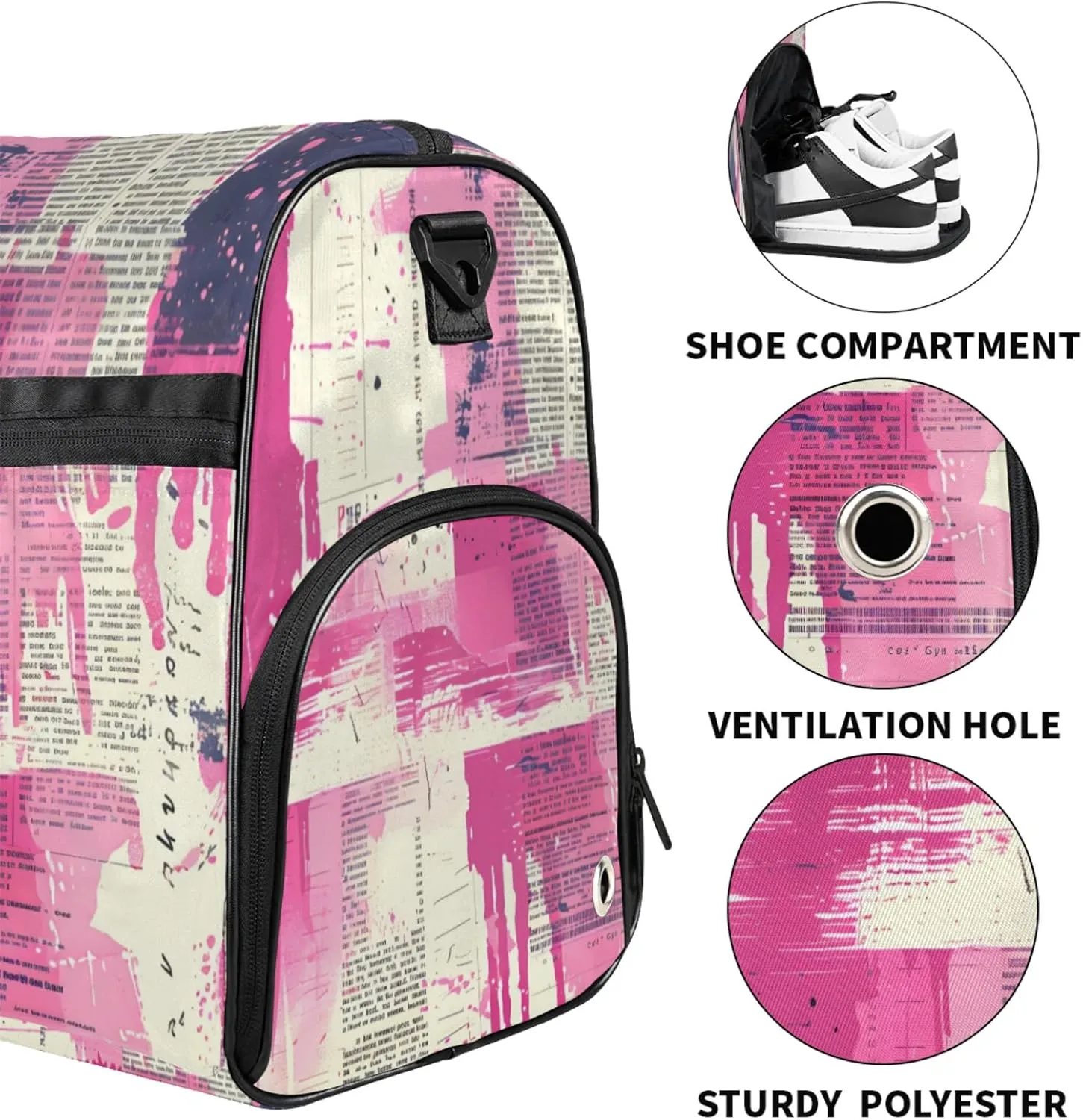 Pink Gym Duffle Bag for Men, Abstract Waterproof Sports duffle bag for travel Weekender Bags for Women Overnight Bag with Shoes Compartment