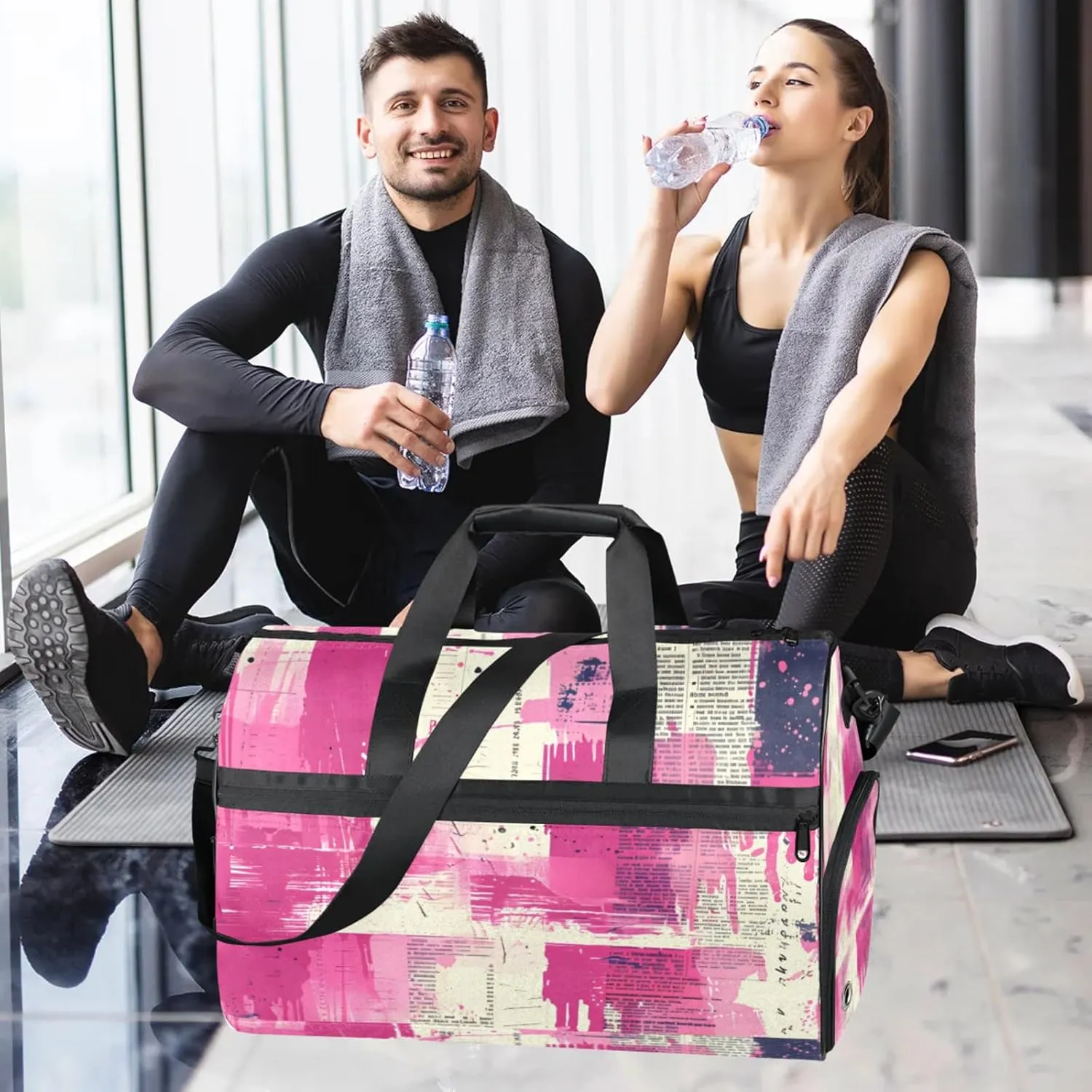 Pink Gym Duffle Bag for Men, Abstract Waterproof Sports duffle bag for travel Weekender Bags for Women Overnight Bag with Shoes Compartment