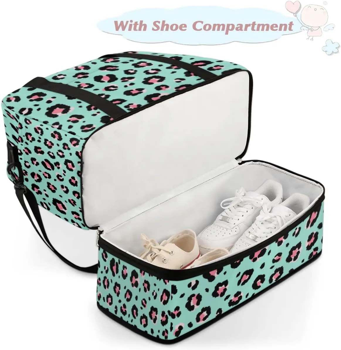Pink Leopard Print Spots Sports Gym Bag with Shoes Compartment Foldable Travel Duffel Bag Dry Wet Separated Sports Tote Workout Weekender Overnight Bag for Women Yoga Dance Work Training Handbag