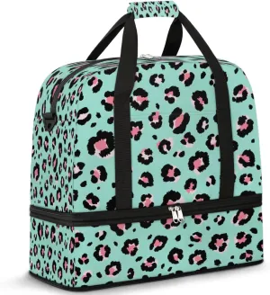 Pink Leopard Print Spots Sports Gym Bag with Shoes Compartment Foldable Travel Duffel Bag Dry Wet Separated Sports Tote Workout Weekender Overnight Bag for Women Yoga Dance Work Training Handbag