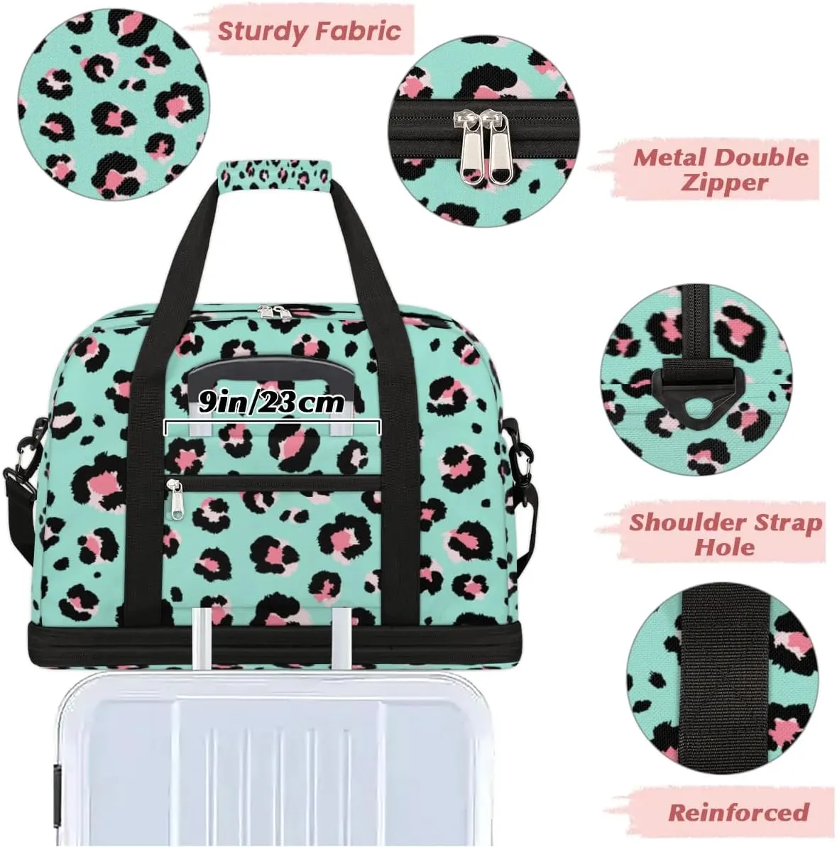 Pink Leopard Print Spots Sports Gym Bag with Shoes Compartment Foldable Travel Duffel Bag Dry Wet Separated Sports Tote Workout Weekender Overnight Bag for Women Yoga Dance Work Training Handbag