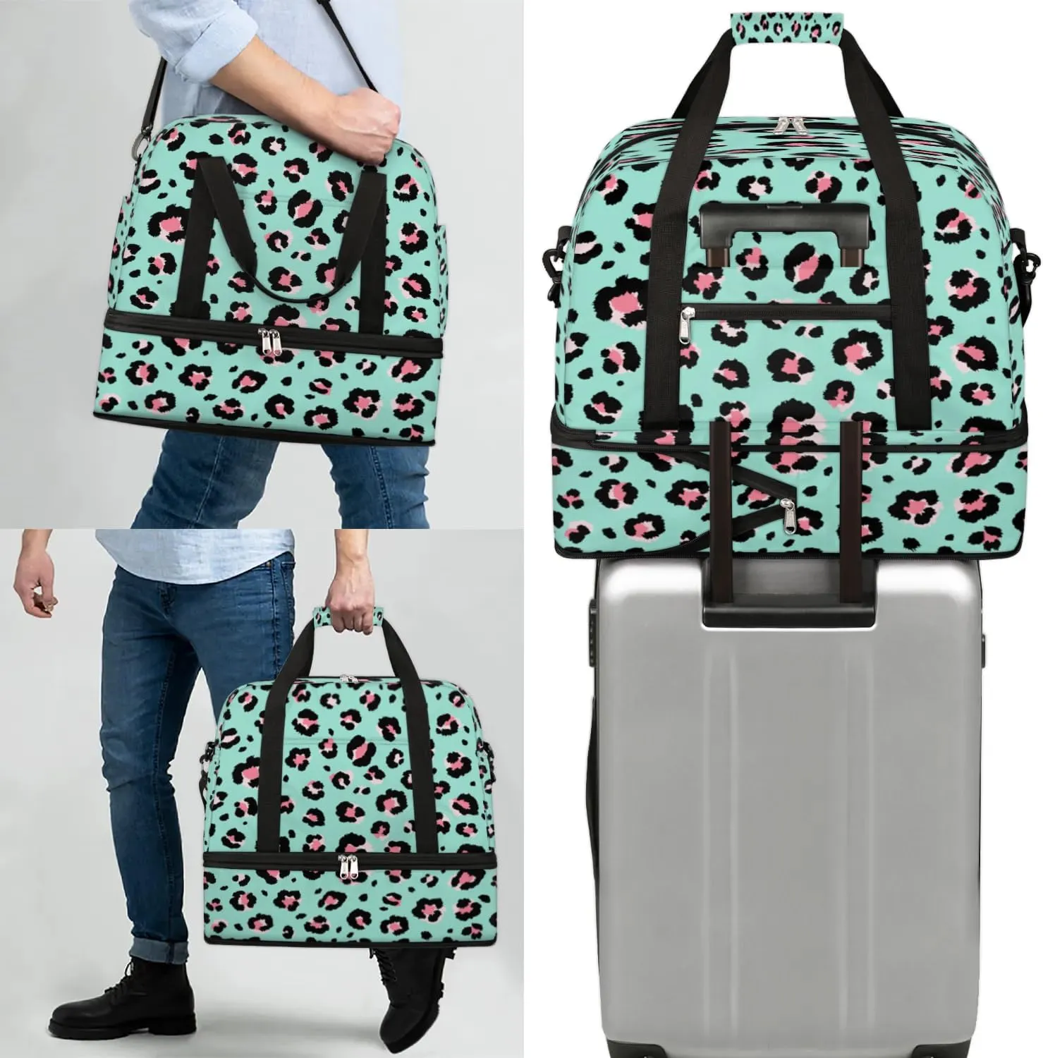 Pink Leopard Print Spots Sports Gym Bag with Shoes Compartment Foldable Travel Duffel Bag Dry Wet Separated Sports Tote Workout Weekender Overnight Bag for Women Yoga Dance Work Training Handbag