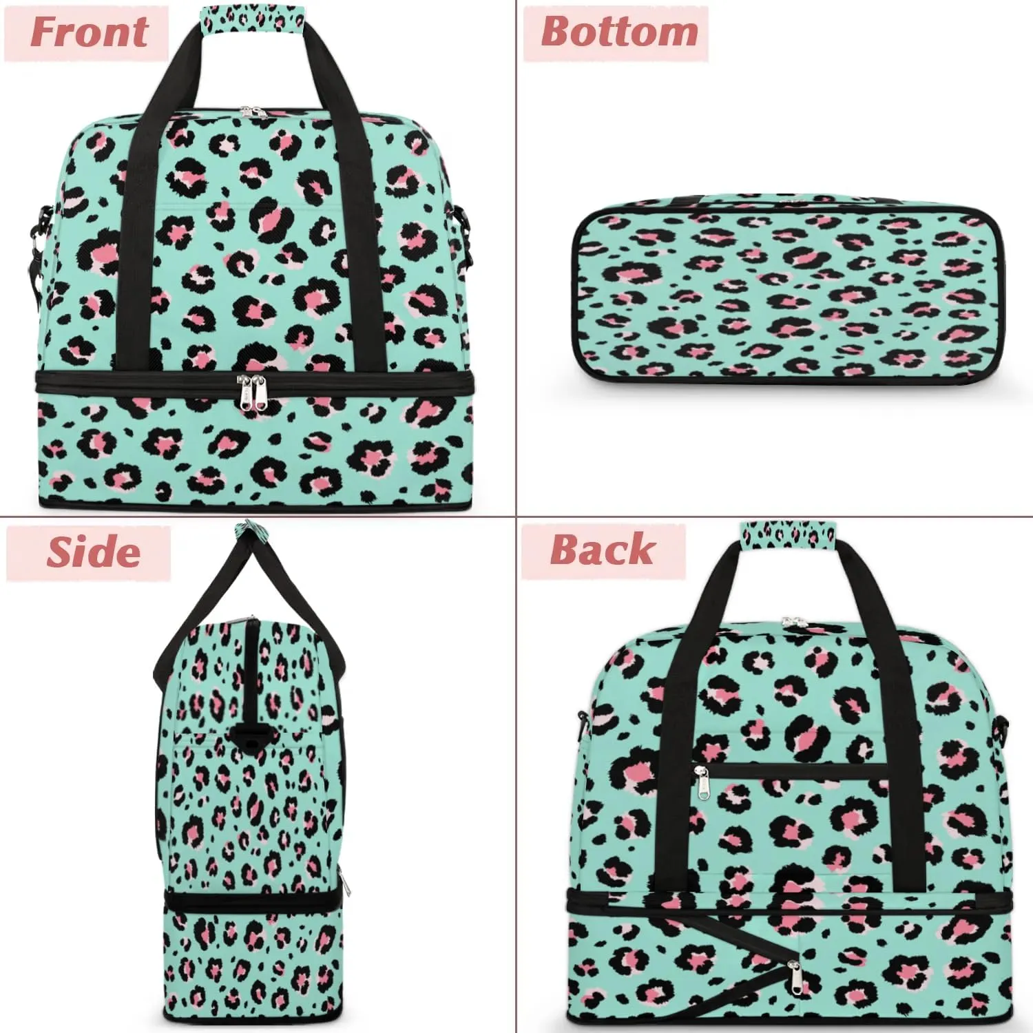 Pink Leopard Print Spots Sports Gym Bag with Shoes Compartment Foldable Travel Duffel Bag Dry Wet Separated Sports Tote Workout Weekender Overnight Bag for Women Yoga Dance Work Training Handbag