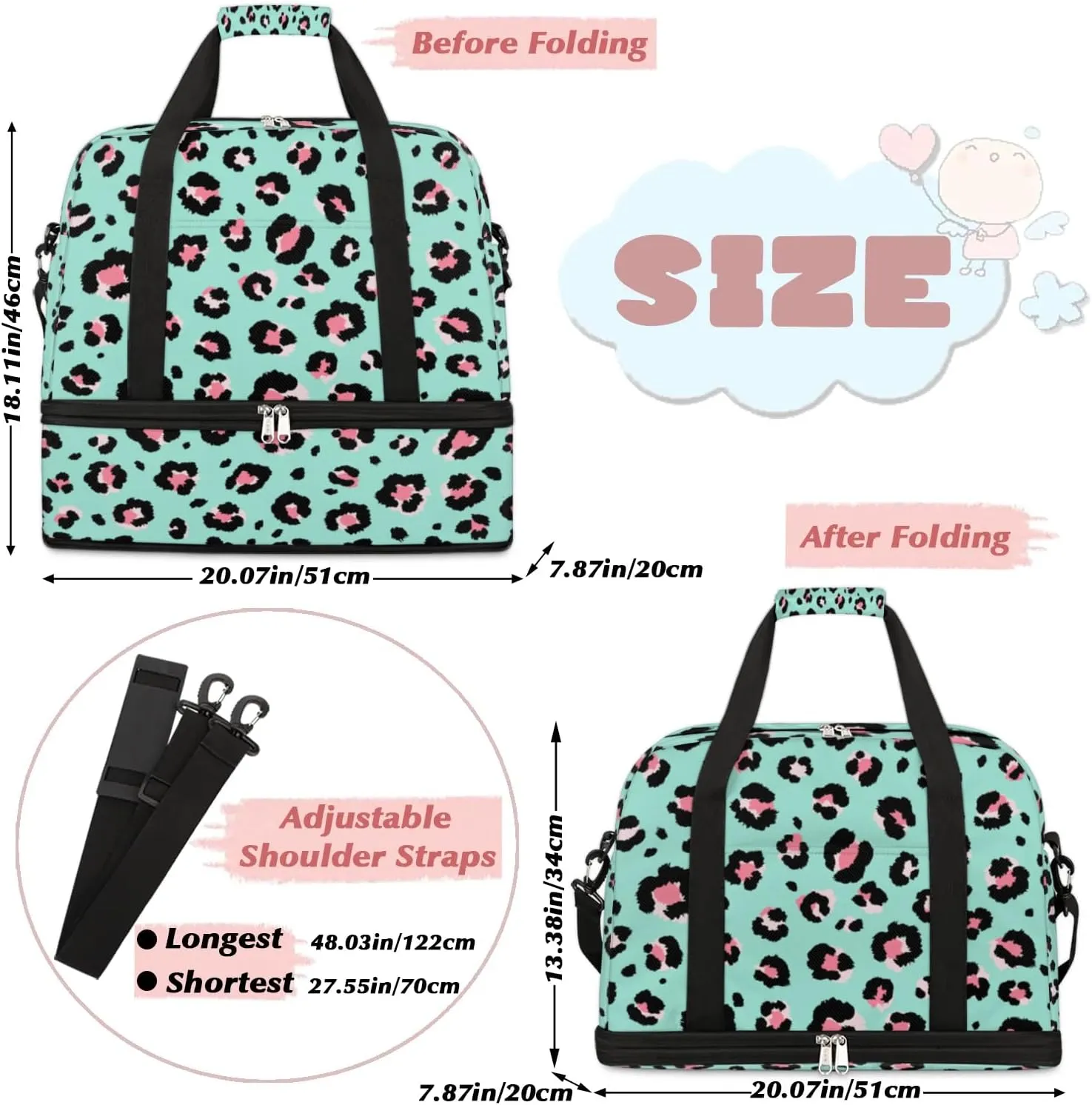 Pink Leopard Print Spots Sports Gym Bag with Shoes Compartment Foldable Travel Duffel Bag Dry Wet Separated Sports Tote Workout Weekender Overnight Bag for Women Yoga Dance Work Training Handbag