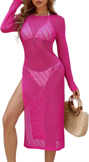 Pink Queen Swimsuit Coverup for Women 2025 Crochet Long Sleeve Hollow Out Mesh Knit Beach Cover Up