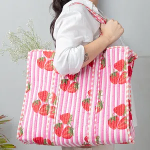 Pink Strawberry Stripes Screenprinted Tote Bag