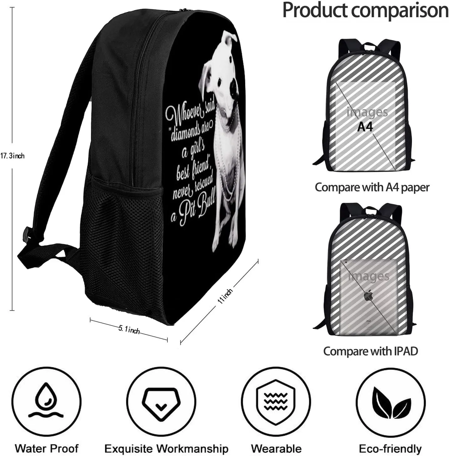 Pit-bull Terrier Girl Dog Quotes Backpack,Lightweight School College Bookbag Casual Student Travel Laptop Daypack - 17inch
