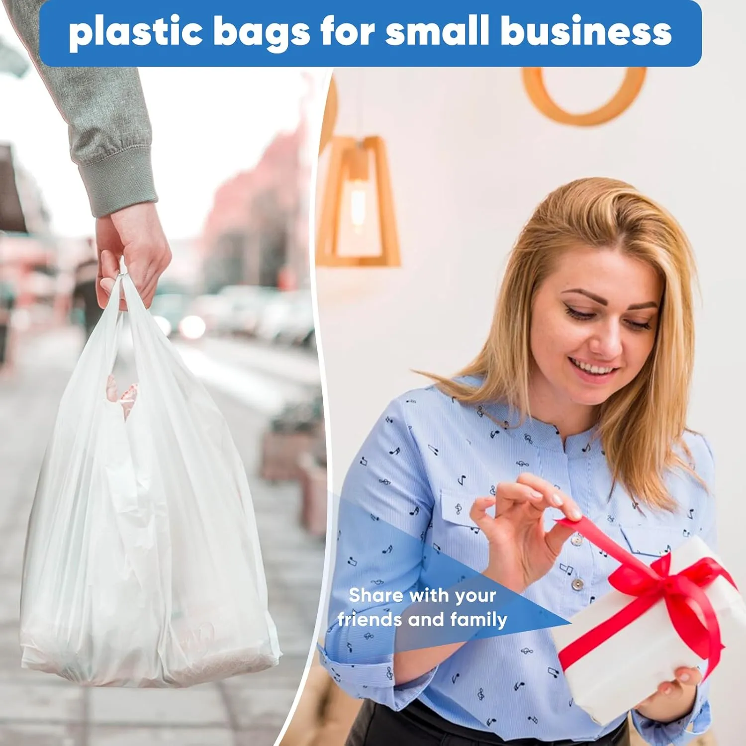 Plastic Bags, 200 Count T Shirt Bags, Plastic Bags With Handles For Shopping, Plastic Grocery Bags, Plastic Bags For Small Business (11"x 6"x 21") White Plastic Bag Recyclable
