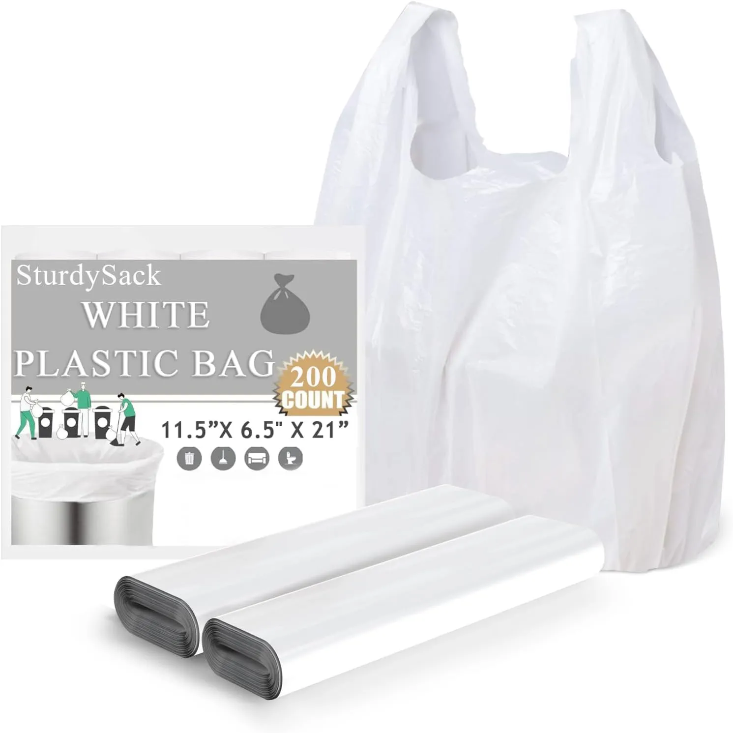 Plastic Bags, 200 Count T Shirt Bags, Plastic Bags With Handles For Shopping, Plastic Grocery Bags, Plastic Bags For Small Business (11"x 6"x 21") White Plastic Bag Recyclable