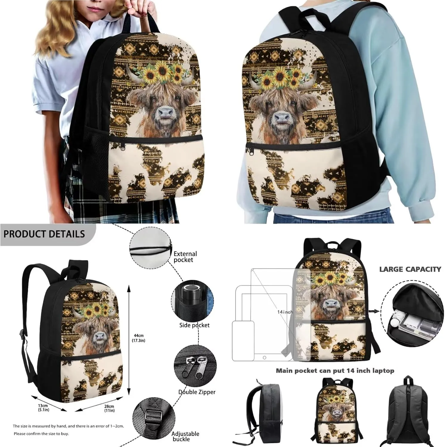 Poceacles 4 Pcs School Backpack Set for Kids Teenagers, Girls Boys Bookbag and Lunchbag Sets with Pencil Case, Water Bottle Bag, Fashion Stationery Organizer Bag, Aztec Highland Cow Sunflower