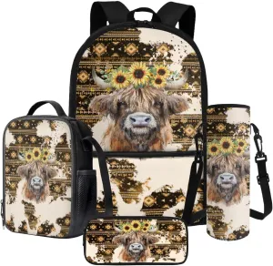 Poceacles 4 Pcs School Backpack Set for Kids Teenagers, Girls Boys Bookbag and Lunchbag Sets with Pencil Case, Water Bottle Bag, Fashion Stationery Organizer Bag, Aztec Highland Cow Sunflower