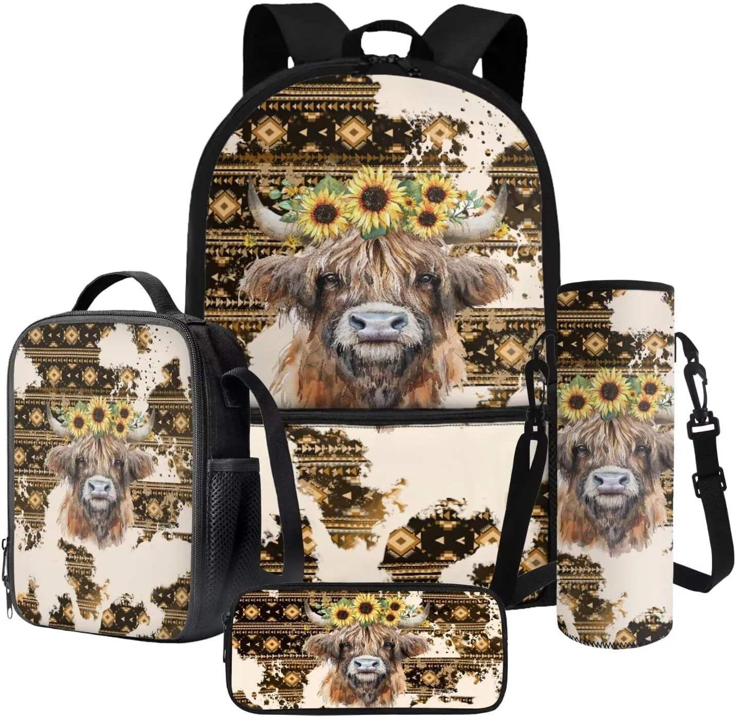 Poceacles 4 Pcs School Backpack Set for Kids Teenagers, Girls Boys Bookbag and Lunchbag Sets with Pencil Case, Water Bottle Bag, Fashion Stationery Organizer Bag, Aztec Highland Cow Sunflower