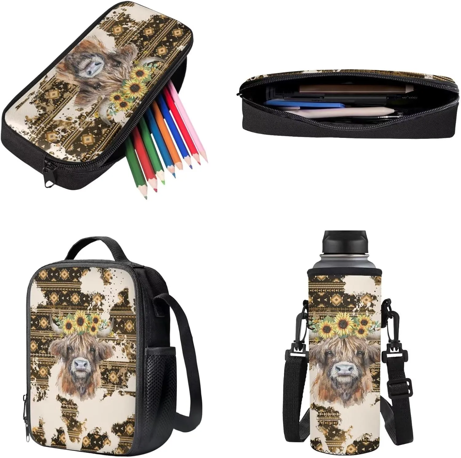 Poceacles 4 Pcs School Backpack Set for Kids Teenagers, Girls Boys Bookbag and Lunchbag Sets with Pencil Case, Water Bottle Bag, Fashion Stationery Organizer Bag, Aztec Highland Cow Sunflower