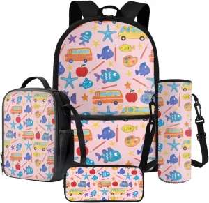 Poceacles Kids Bookbag Set 4 Pieces Backpack Sets with School Rucksack Insulated Lunch Bag Water Bottle Sleeve Pencil Case Boys Girls School Accessories, Cartoon Fish Bus Starfish Apple Print
