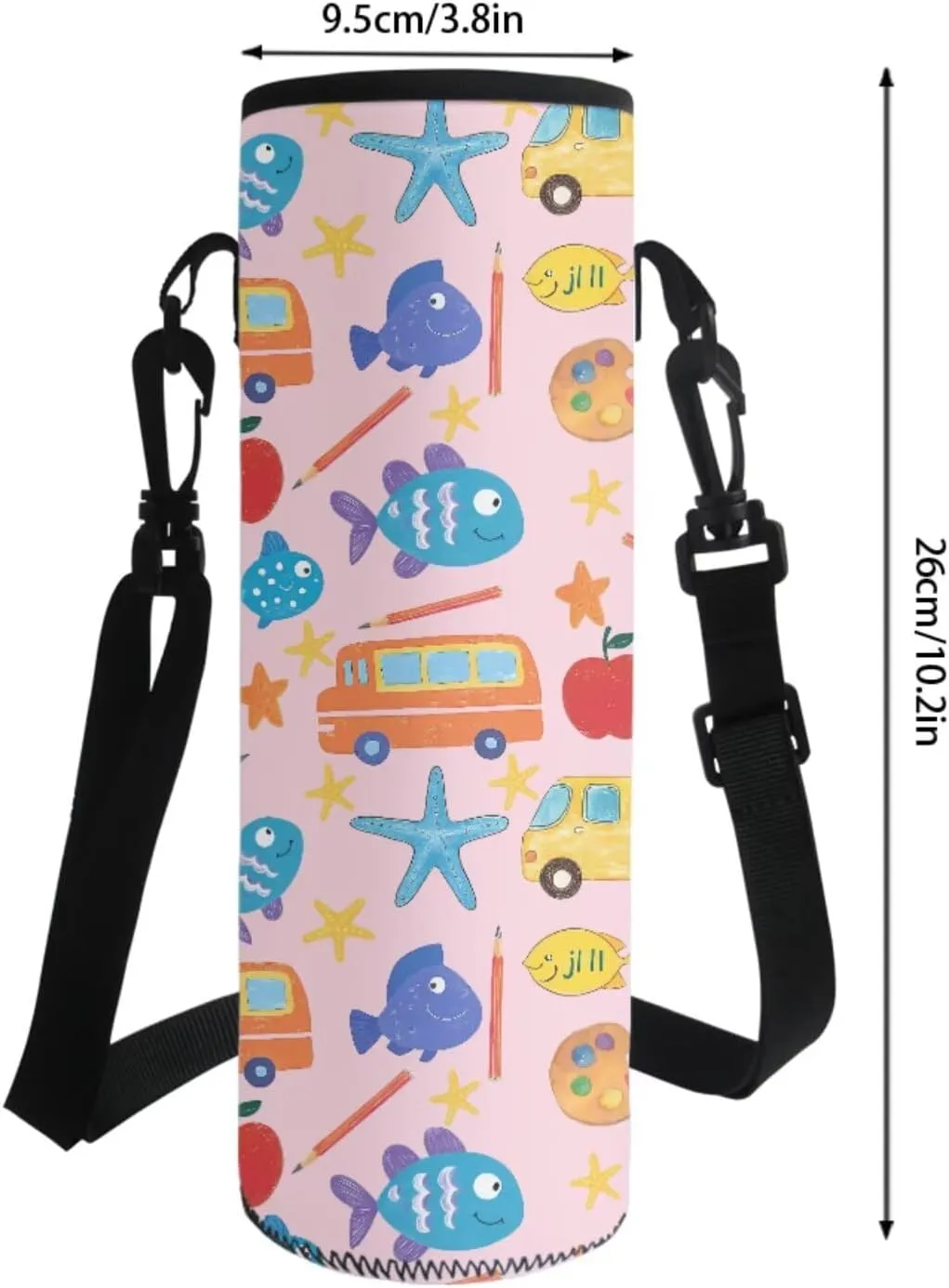 Poceacles Kids Bookbag Set 4 Pieces Backpack Sets with School Rucksack Insulated Lunch Bag Water Bottle Sleeve Pencil Case Boys Girls School Accessories, Cartoon Fish Bus Starfish Apple Print