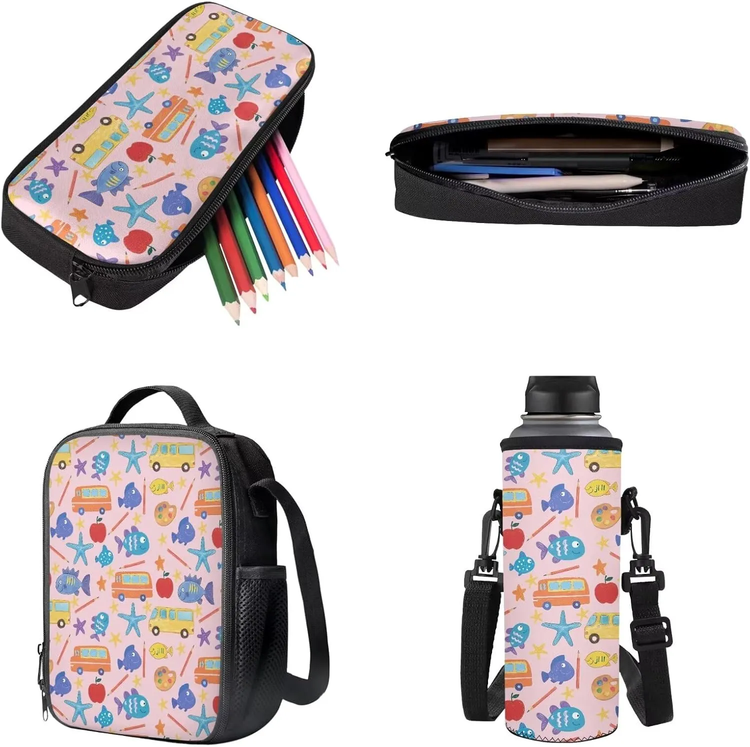 Poceacles Kids Bookbag Set 4 Pieces Backpack Sets with School Rucksack Insulated Lunch Bag Water Bottle Sleeve Pencil Case Boys Girls School Accessories, Cartoon Fish Bus Starfish Apple Print