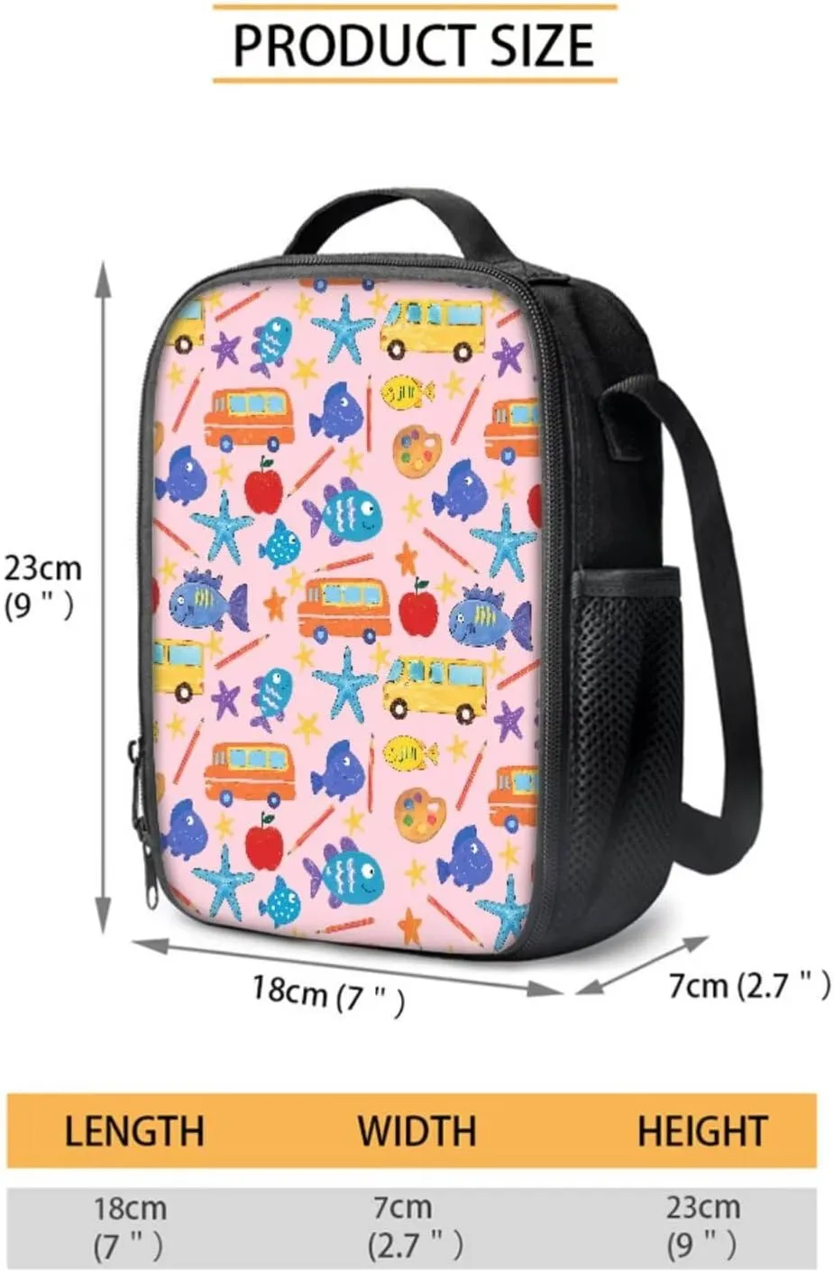 Poceacles Kids Bookbag Set 4 Pieces Backpack Sets with School Rucksack Insulated Lunch Bag Water Bottle Sleeve Pencil Case Boys Girls School Accessories, Cartoon Fish Bus Starfish Apple Print