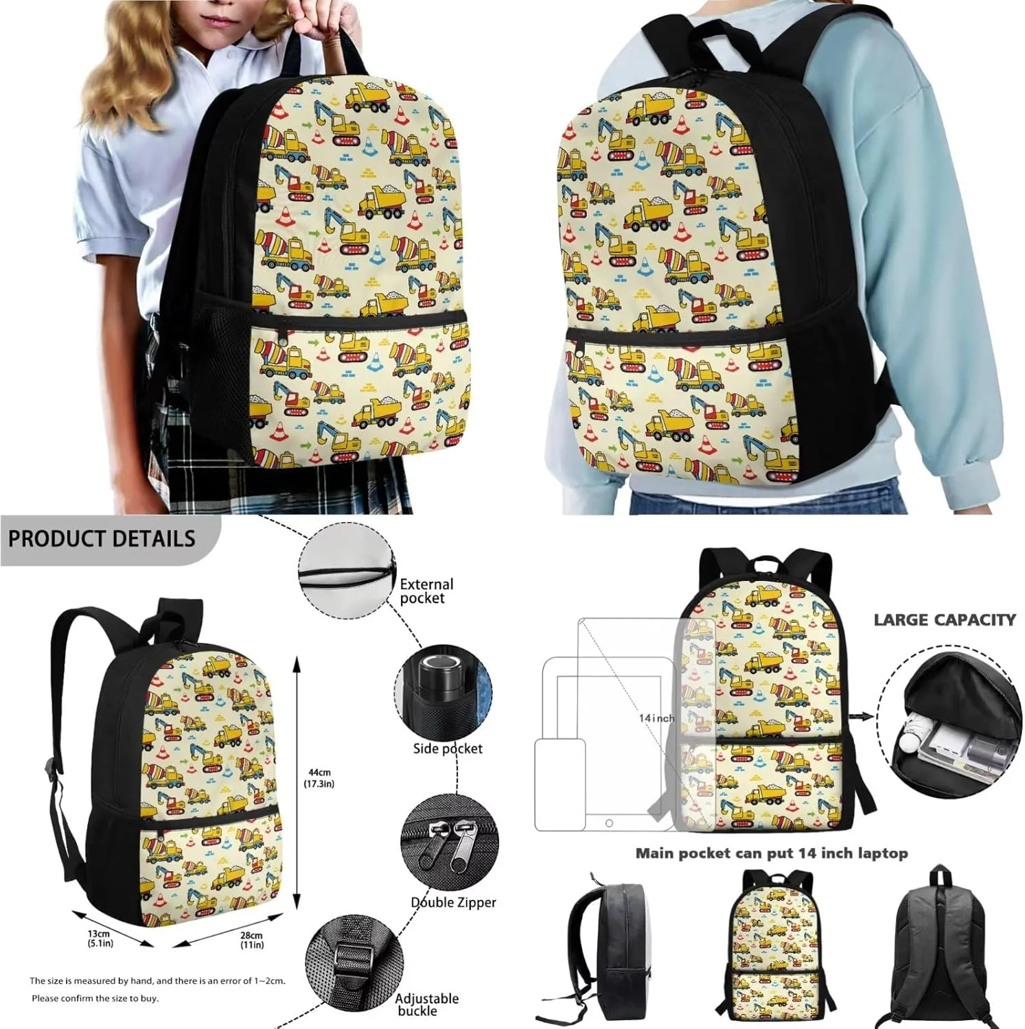 Poceacles Unisex School Backpack Set 4 Pcs Kids Schoolbag with Insulated Lunch Box Bag Water Bottle Carrier Pencil Case Rucksack Fits 14" Laptop, Concrete Mixer Truck Crane Traffic Cone Yellow