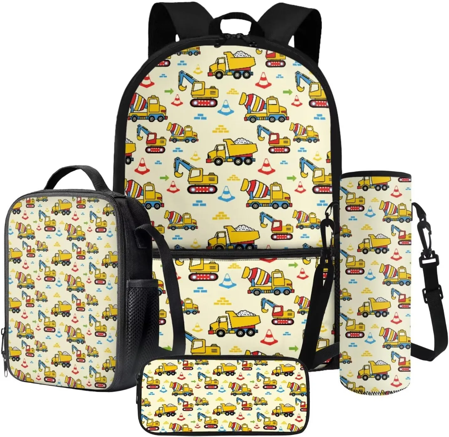 Poceacles Unisex School Backpack Set 4 Pcs Kids Schoolbag with Insulated Lunch Box Bag Water Bottle Carrier Pencil Case Rucksack Fits 14" Laptop, Concrete Mixer Truck Crane Traffic Cone Yellow