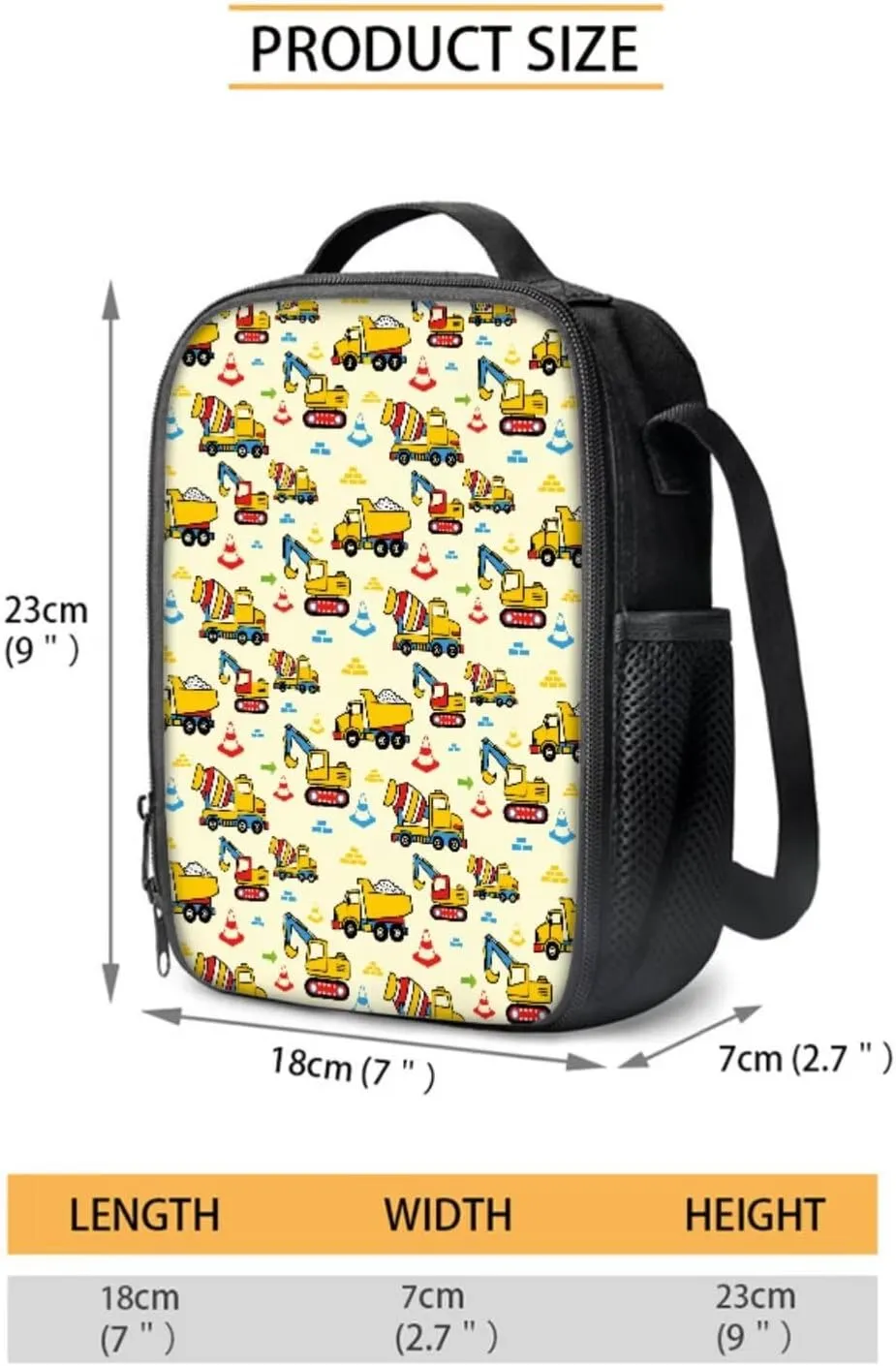 Poceacles Unisex School Backpack Set 4 Pcs Kids Schoolbag with Insulated Lunch Box Bag Water Bottle Carrier Pencil Case Rucksack Fits 14" Laptop, Concrete Mixer Truck Crane Traffic Cone Yellow