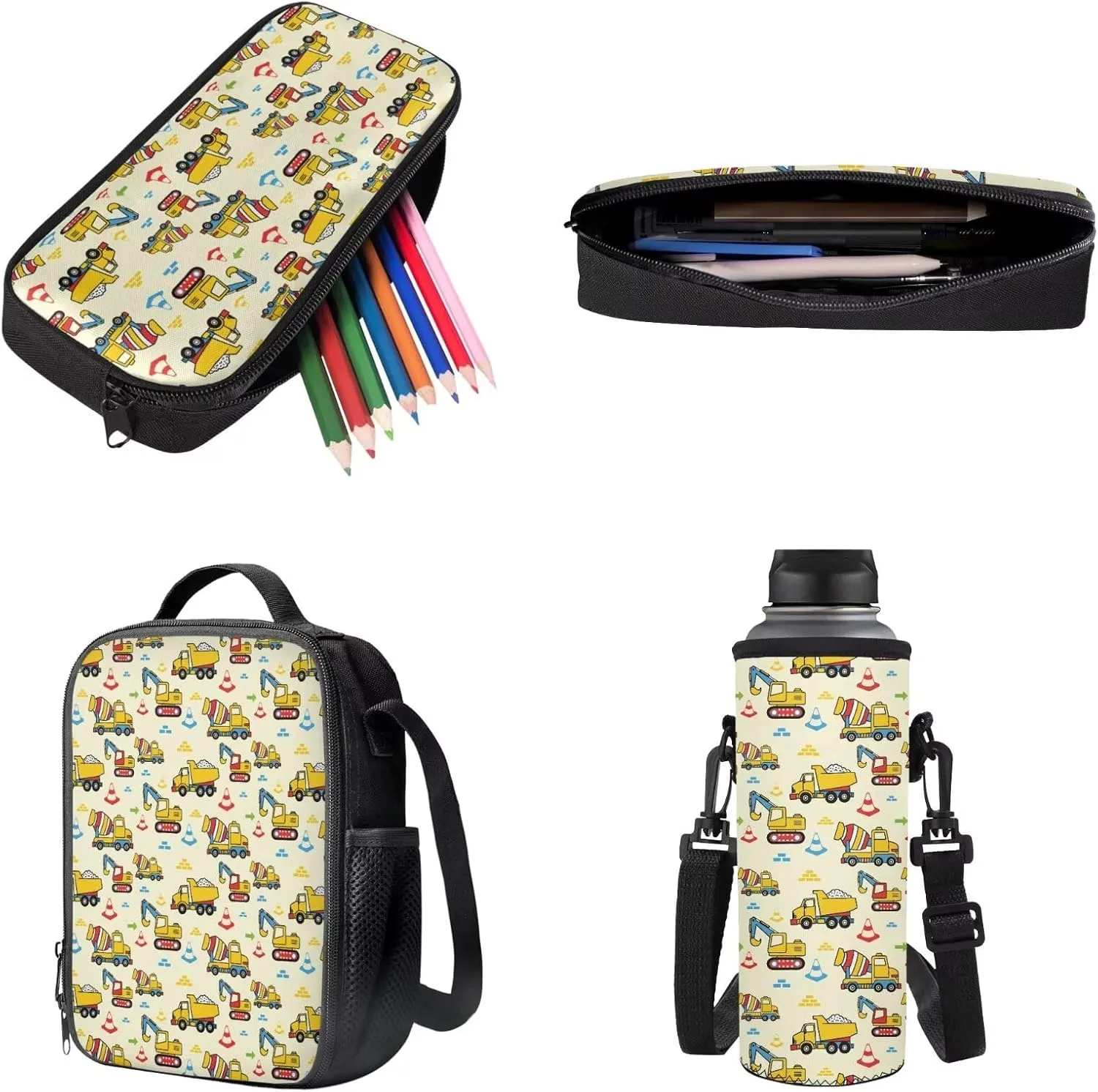 Poceacles Unisex School Backpack Set 4 Pcs Kids Schoolbag with Insulated Lunch Box Bag Water Bottle Carrier Pencil Case Rucksack Fits 14" Laptop, Concrete Mixer Truck Crane Traffic Cone Yellow